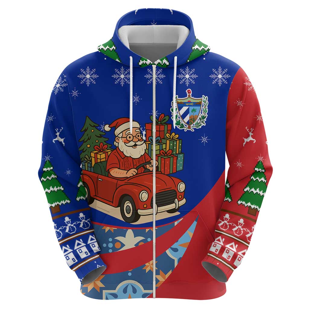 Cuba Christmas Hoodie with Santa Driving Classic Car Cuban Seal Feliz Navidad and Holiday Gift - Wonder Print Shop