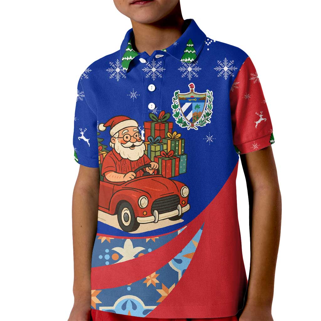Cuba Christmas Kid Polo Shirt with Santa Driving Classic Car Cuban Seal Feliz Navidad and Holiday Gift - Wonder Print Shop