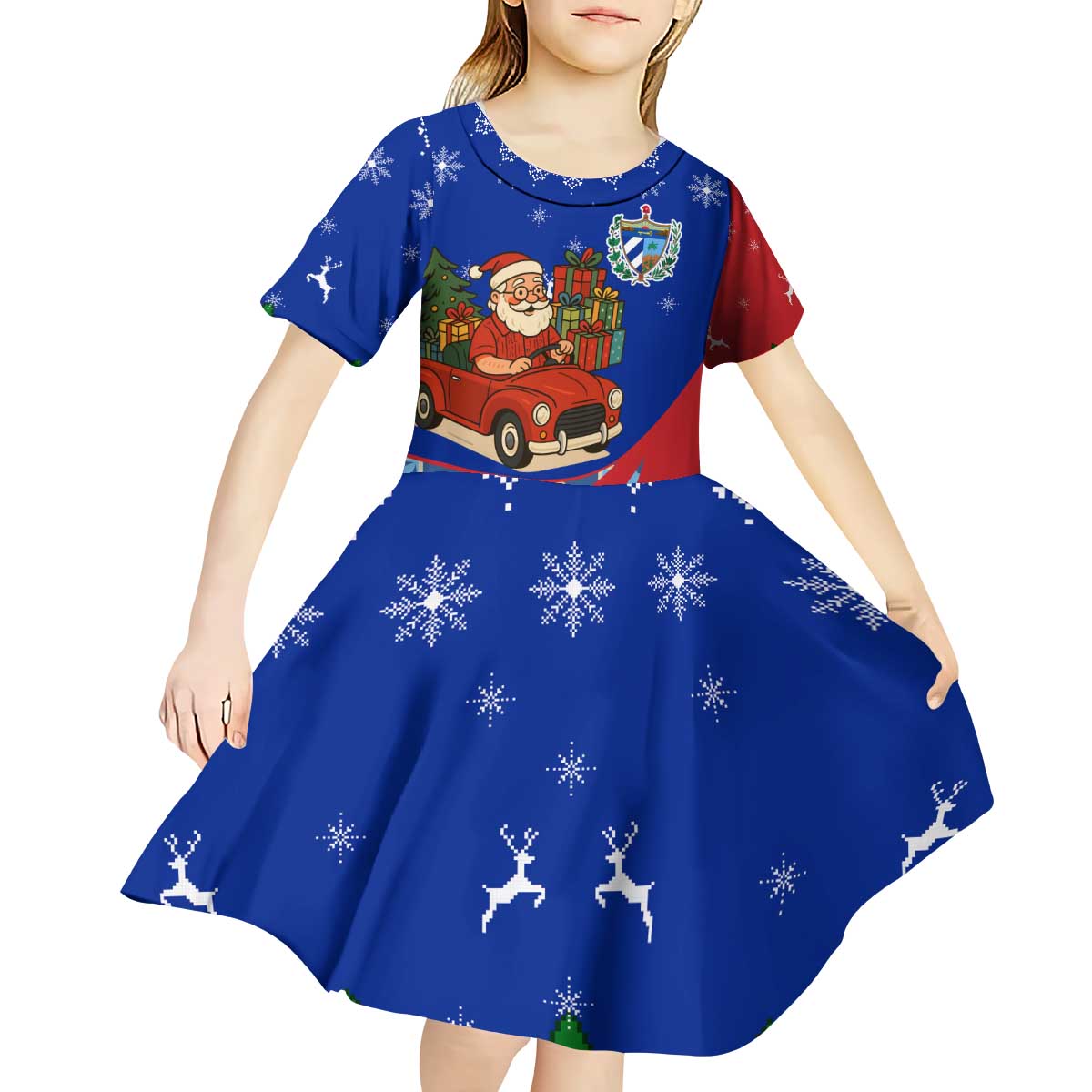 Cuba Christmas Kid Short Sleeve Dress with Santa Driving Classic Car Cuban Seal Feliz Navidad and Holiday Gift - Wonder Print Shop