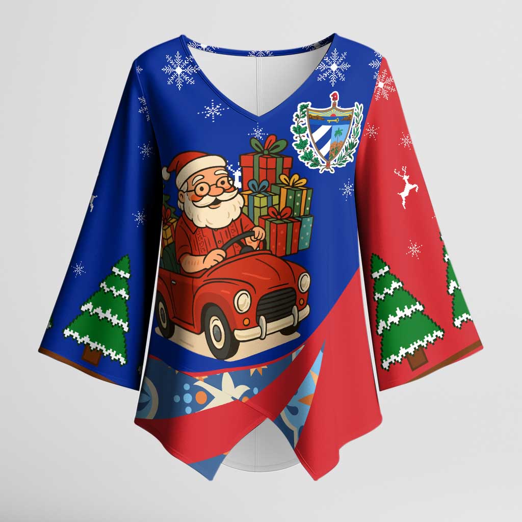 Cuba Christmas Kimono Sleeve Blouse with Santa Driving Classic Car Cuban Seal Feliz Navidad and Holiday Gift - Wonder Print Shop