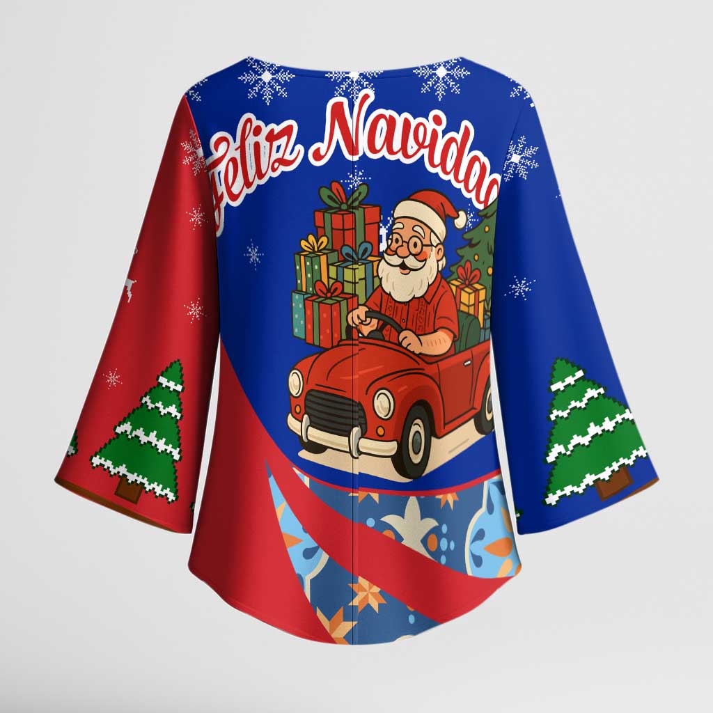 Cuba Christmas Kimono Sleeve Blouse with Santa Driving Classic Car Cuban Seal Feliz Navidad and Holiday Gift - Wonder Print Shop