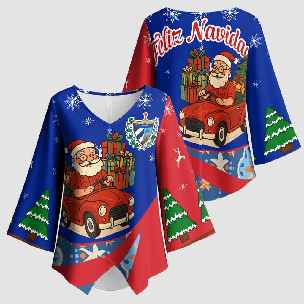 Cuba Christmas Kimono Sleeve Blouse with Santa Driving Classic Car Cuban Seal Feliz Navidad and Holiday Gift - Wonder Print Shop