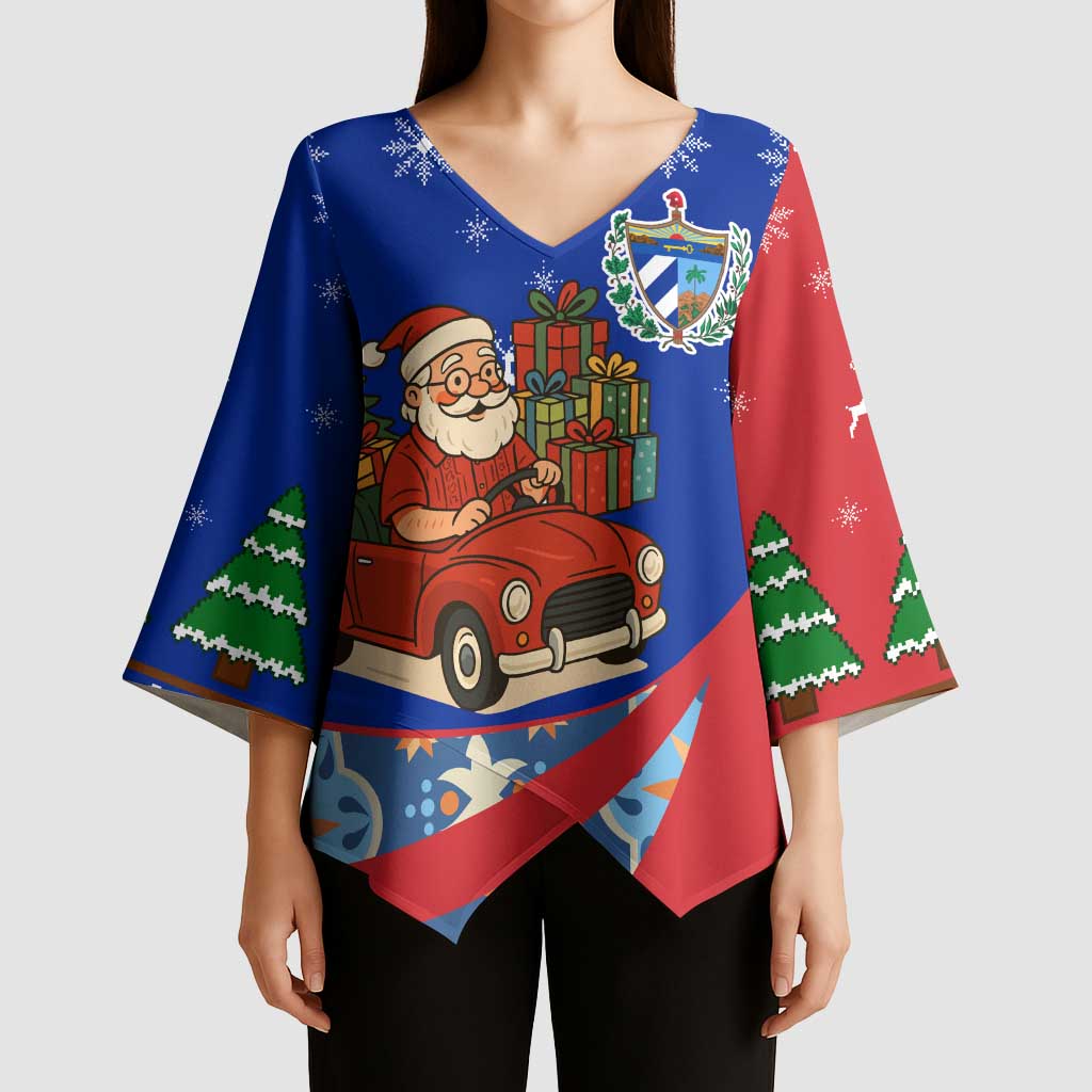 Cuba Christmas Kimono Sleeve Blouse with Santa Driving Classic Car Cuban Seal Feliz Navidad and Holiday Gift - Wonder Print Shop