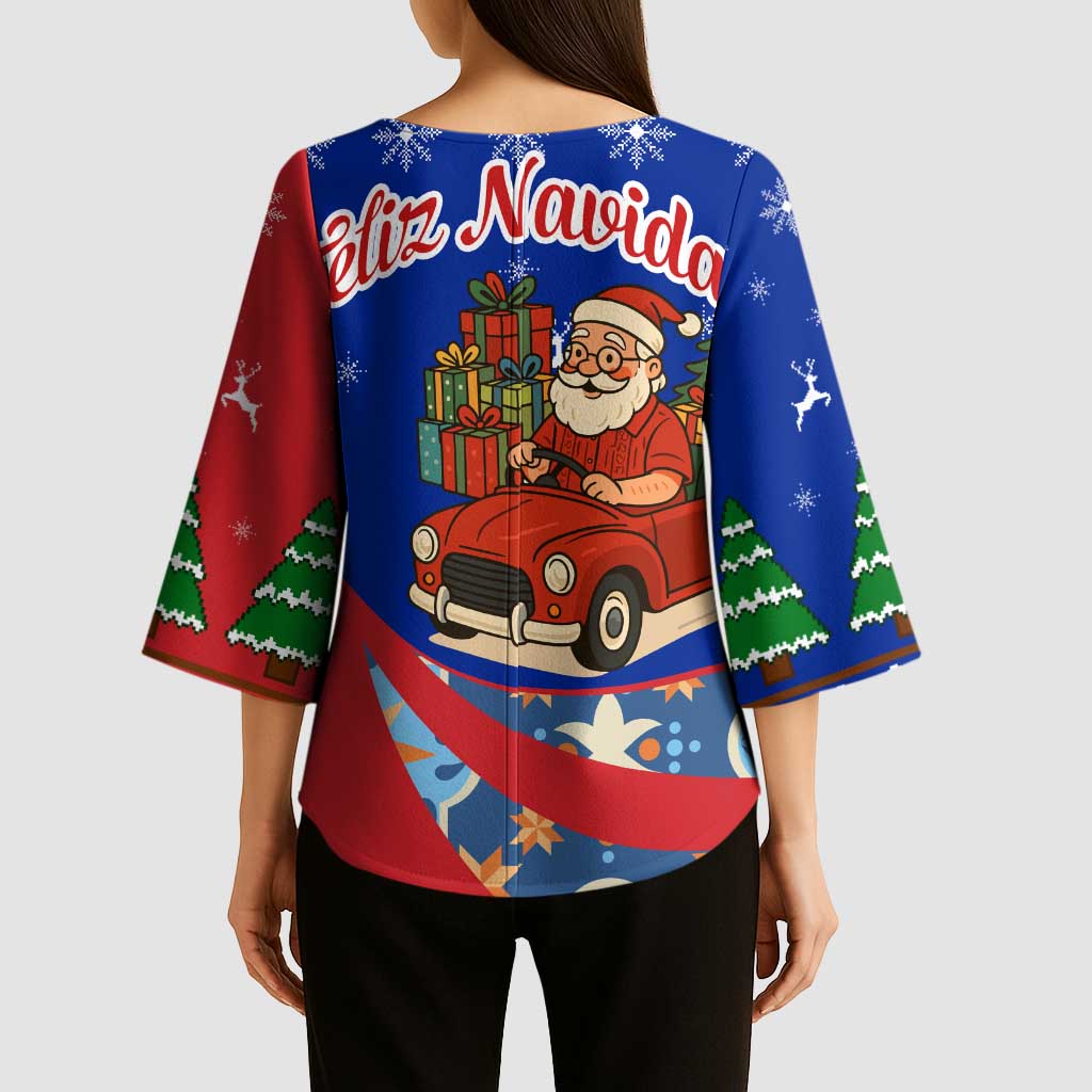 Cuba Christmas Kimono Sleeve Blouse with Santa Driving Classic Car Cuban Seal Feliz Navidad and Holiday Gift - Wonder Print Shop