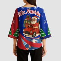 Cuba Christmas Kimono Sleeve Blouse with Santa Driving Classic Car Cuban Seal Feliz Navidad and Holiday Gift - Wonder Print Shop