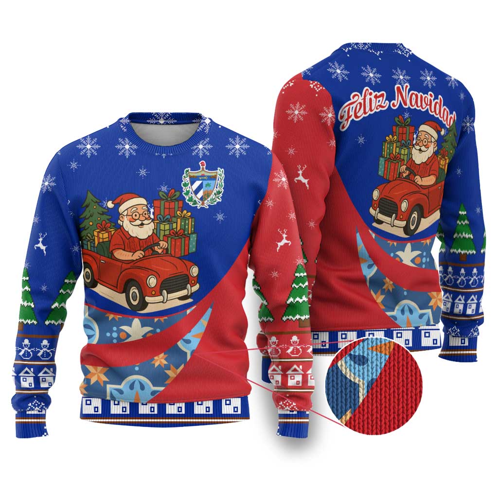 Cuba Christmas Ugly Christmas Sweater with Santa Driving Classic Car Cuban Seal Feliz Navidad and Holiday Gift - Wonder Print Shop