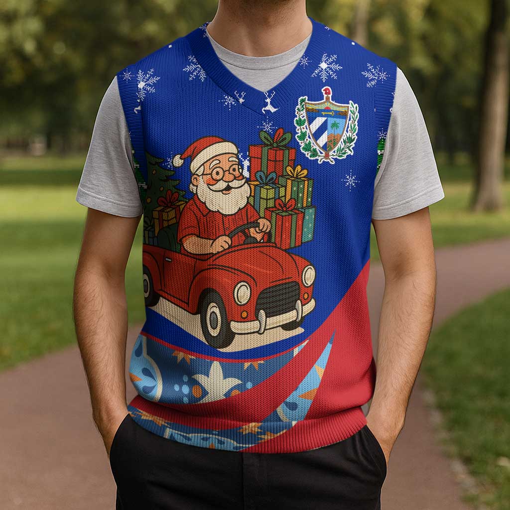 Cuba Christmas Knitted V-Neck Vest with Santa Driving Classic Car Cuban Seal Feliz Navidad and Holiday Gift - Wonder Print Shop