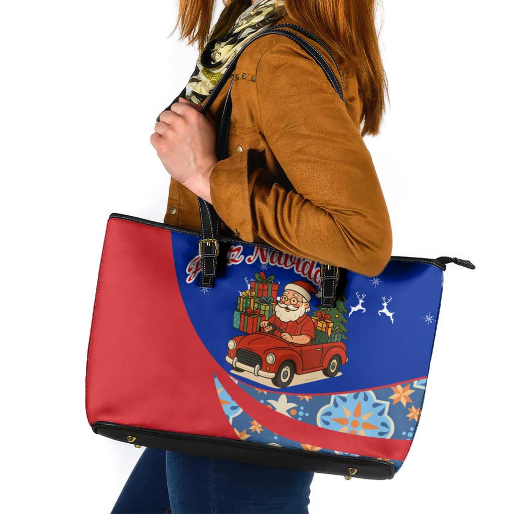 Cuba Christmas Leather Tote Bag with Santa Driving Classic Car Cuban Seal Feliz Navidad and Holiday Gift - Wonder Print Shop