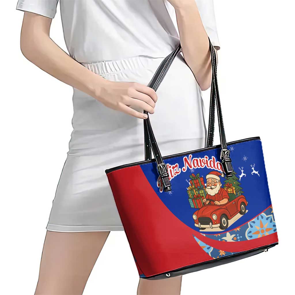 Cuba Christmas Leather Tote Bag with Santa Driving Classic Car Cuban Seal Feliz Navidad and Holiday Gift - Wonder Print Shop