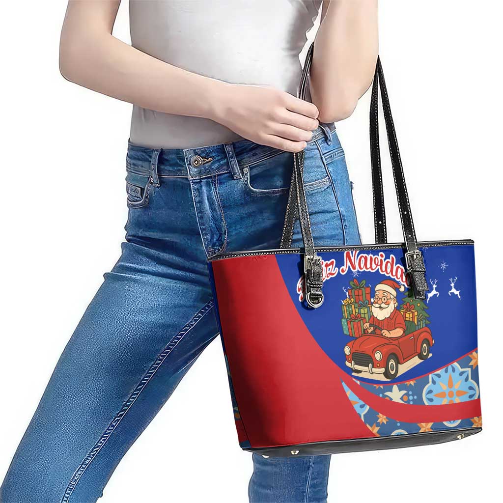 Cuba Christmas Leather Tote Bag with Santa Driving Classic Car Cuban Seal Feliz Navidad and Holiday Gift - Wonder Print Shop