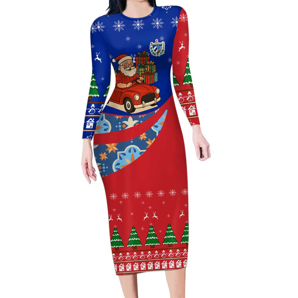 Cuba Christmas Long Sleeve Bodycon Dress with Santa Driving Classic Car Cuban Seal Feliz Navidad and Holiday Gift - Wonder Print Shop