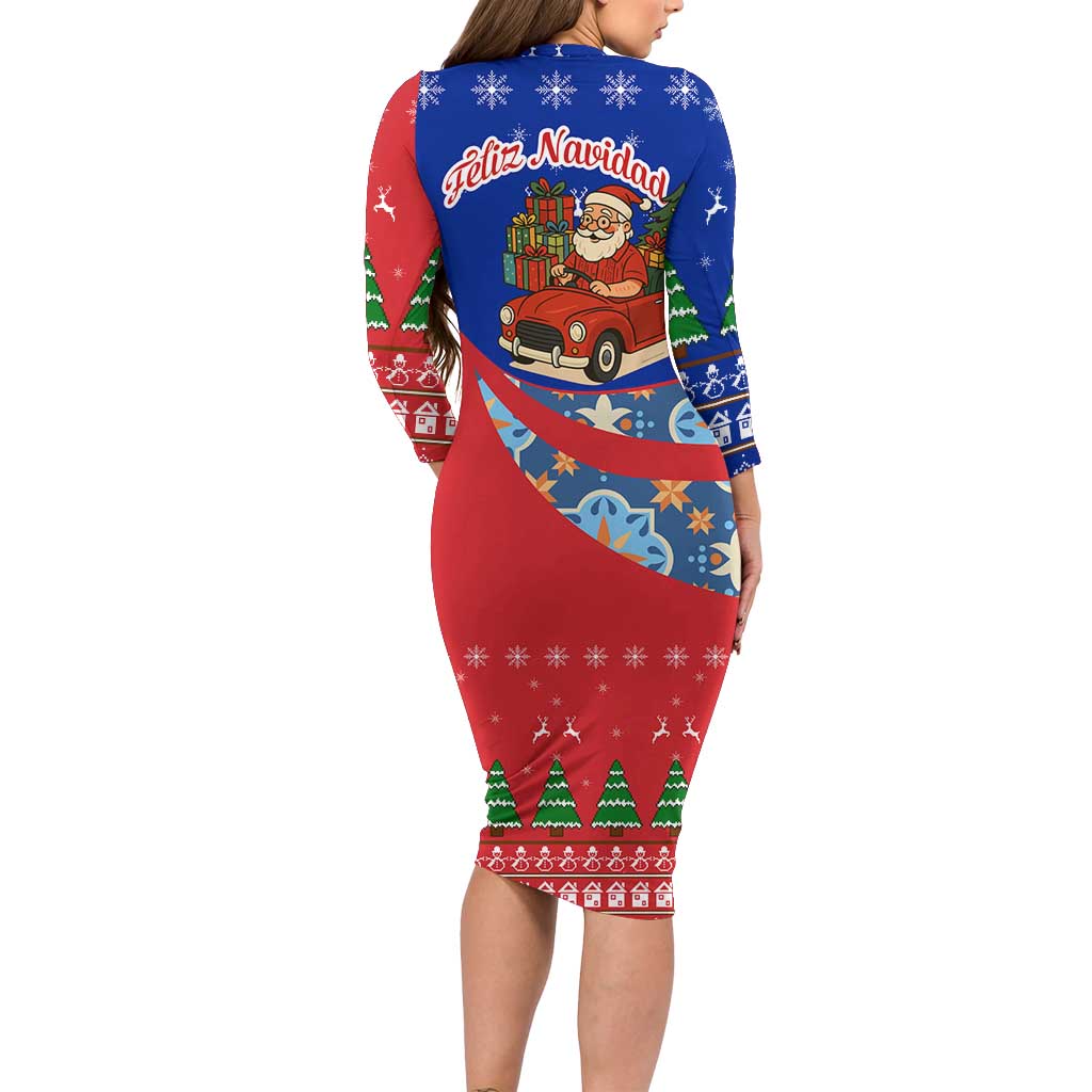 Cuba Christmas Long Sleeve Bodycon Dress with Santa Driving Classic Car Cuban Seal Feliz Navidad and Holiday Gift - Wonder Print Shop
