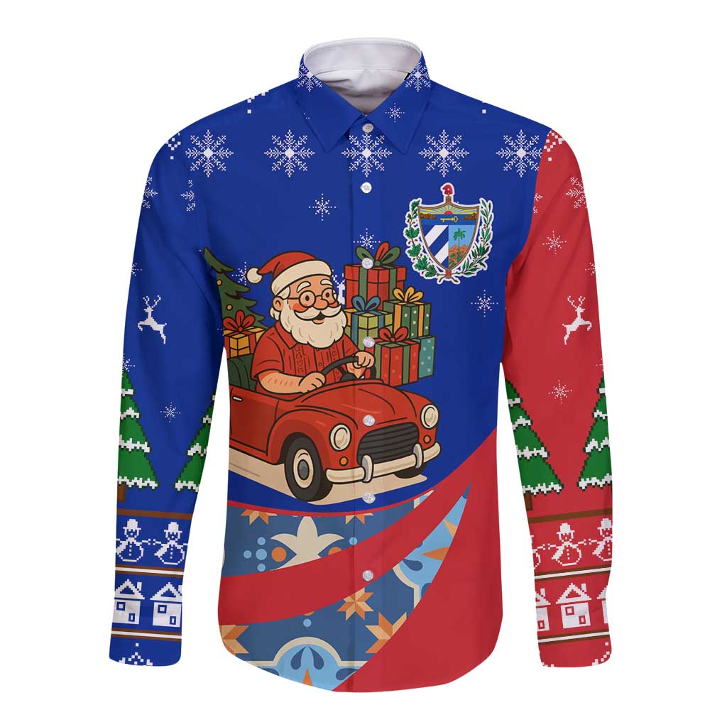 Cuba Christmas Long Sleeve Button Shirt with Santa Driving Classic Car Cuban Seal Feliz Navidad and Holiday Gift - Wonder Print Shop