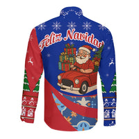 Cuba Christmas Long Sleeve Button Shirt with Santa Driving Classic Car Cuban Seal Feliz Navidad and Holiday Gift - Wonder Print Shop