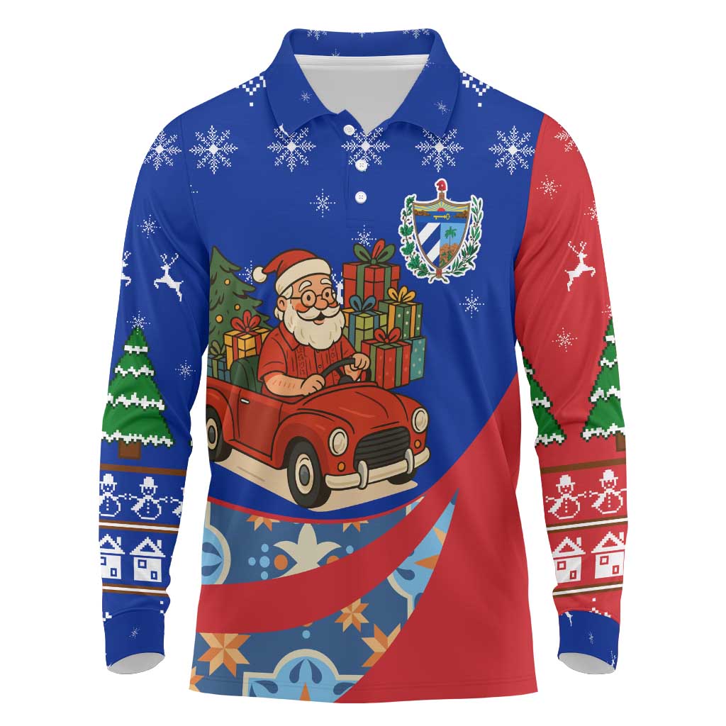 Cuba Christmas Long Sleeve Polo Shirt with Santa Driving Classic Car Cuban Seal Feliz Navidad and Holiday Gift - Wonder Print Shop