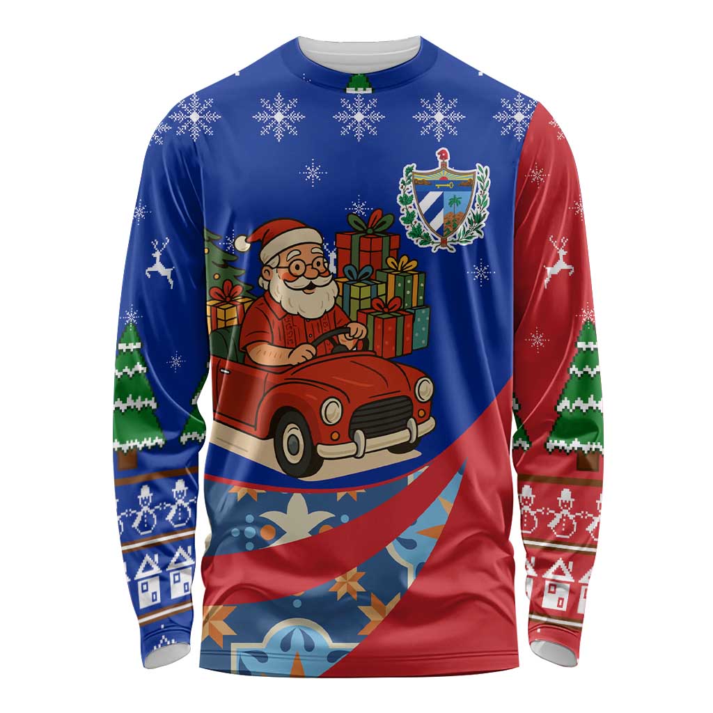 Cuba Christmas Long Sleeve Shirt with Santa Driving Classic Car Cuban Seal Feliz Navidad and Holiday Gift - Wonder Print Shop