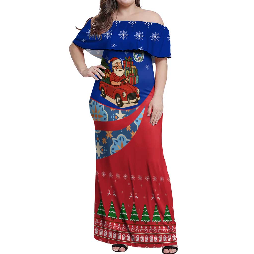 Cuba Christmas Off Shoulder Maxi Dress with Santa Driving Classic Car Cuban Seal Feliz Navidad and Holiday Gift - Wonder Print Shop