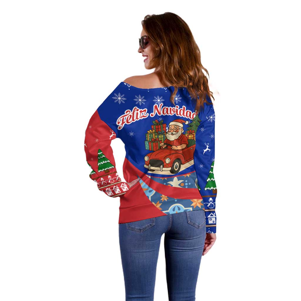 Cuba Christmas Off Shoulder Sweater with Santa Driving Classic Car Cuban Seal Feliz Navidad and Holiday Gift - Wonder Print Shop