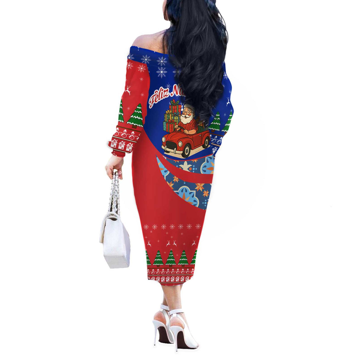 Cuba Christmas Off The Shoulder Long Sleeve Dress with Santa Driving Classic Car Cuban Seal Feliz Navidad and Holiday Gift - Wonder Print Shop