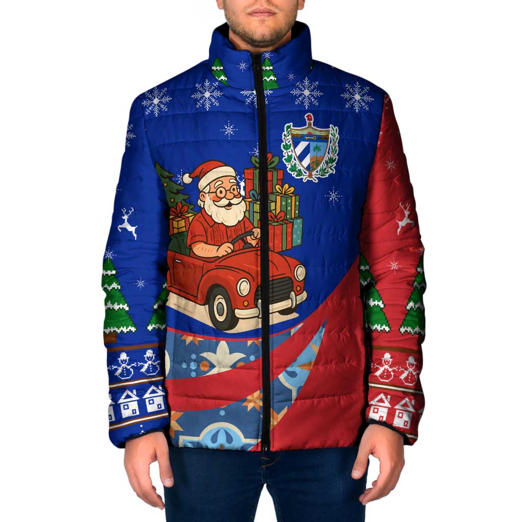 Cuba Christmas Padded Jacket with Santa Driving Classic Car Cuban Seal Feliz Navidad and Holiday Gift - Wonder Print Shop