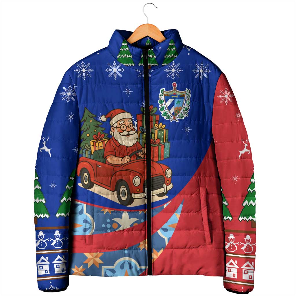 Cuba Christmas Padded Jacket with Santa Driving Classic Car Cuban Seal Feliz Navidad and Holiday Gift - Wonder Print Shop