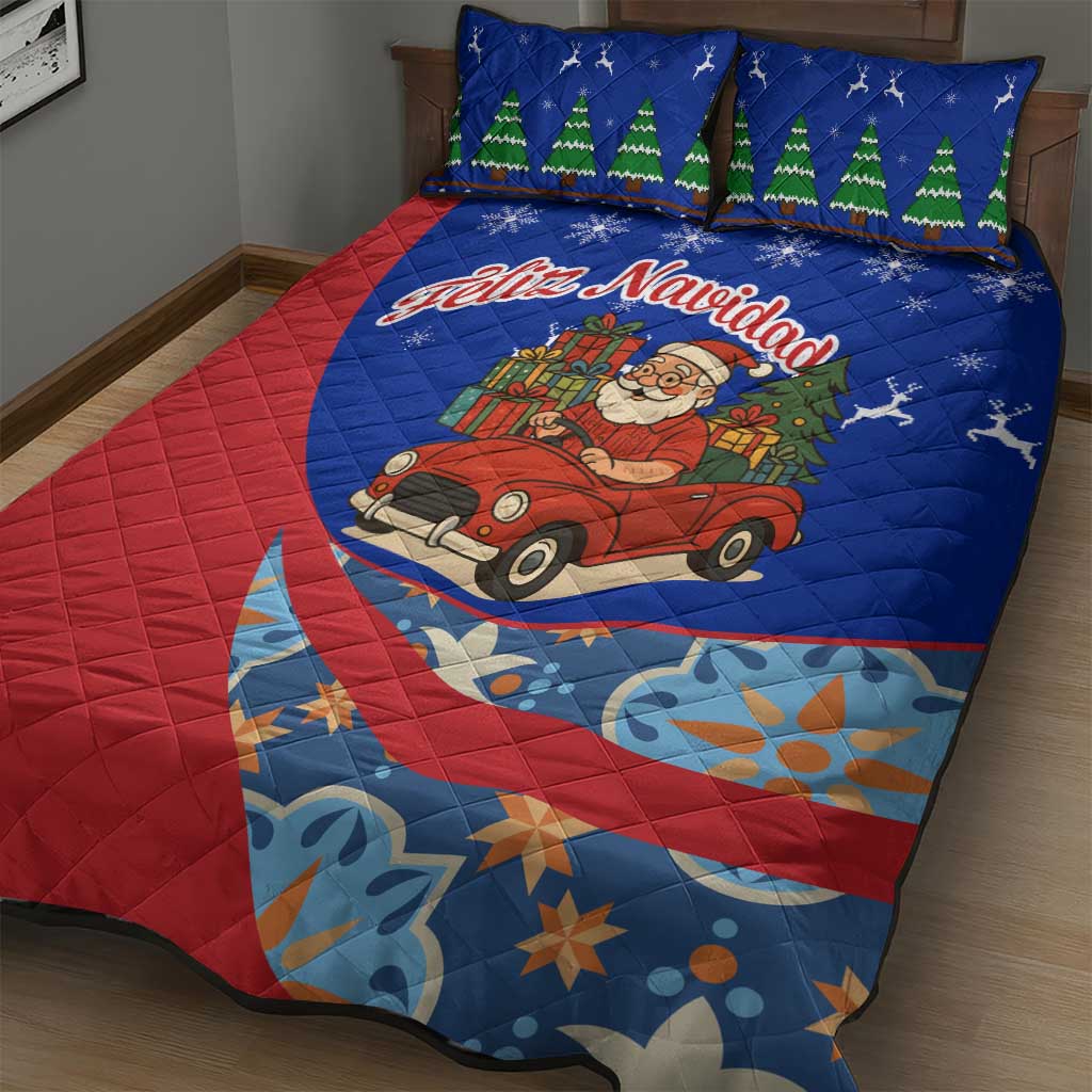 Cuba Christmas Quilt Bed Set with Santa Driving Classic Car Cuban Seal Feliz Navidad and Holiday Gift - Wonder Print Shop