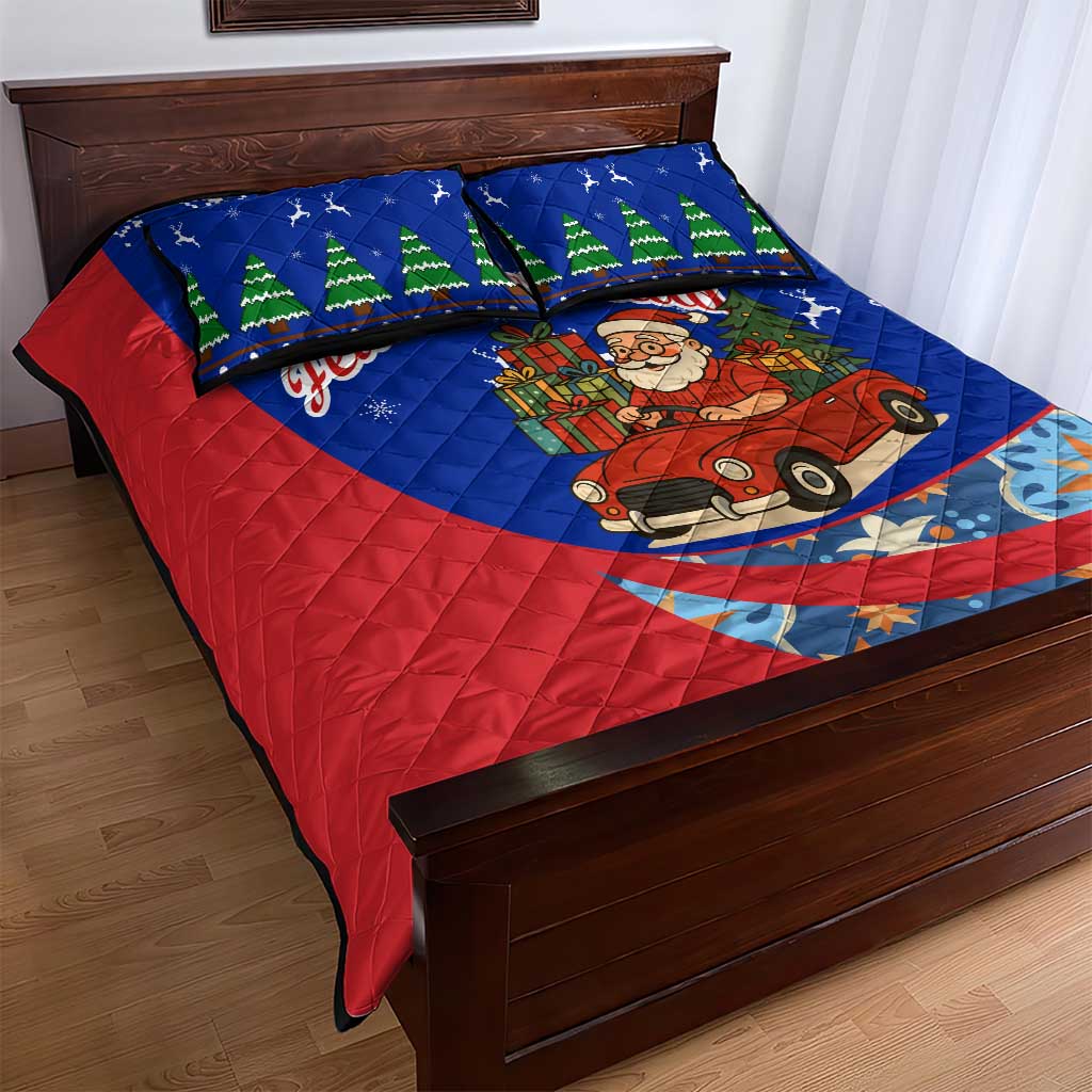 Cuba Christmas Quilt Bed Set with Santa Driving Classic Car Cuban Seal Feliz Navidad and Holiday Gift - Wonder Print Shop