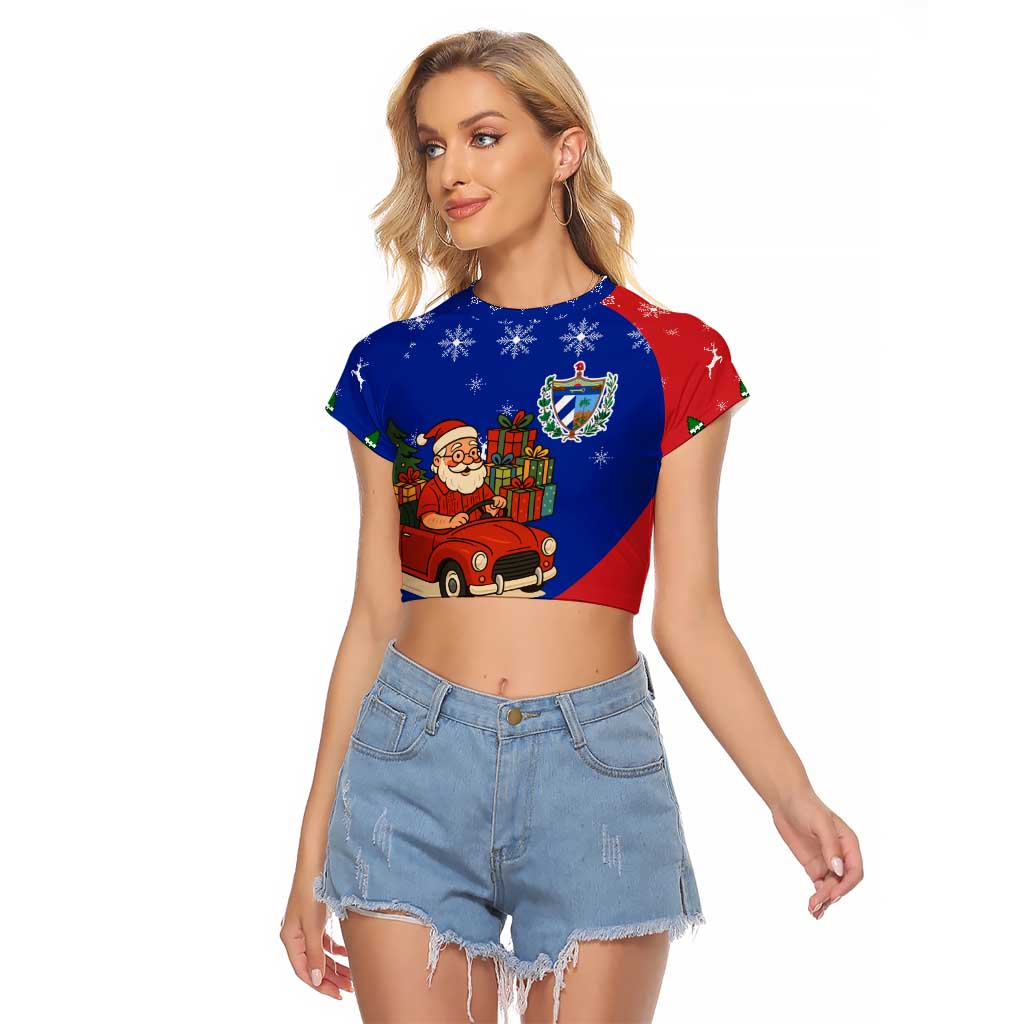 Cuba Christmas Raglan Cropped T Shirt with Santa Driving Classic Car Cuban Seal Feliz Navidad and Holiday Gift - Wonder Print Shop