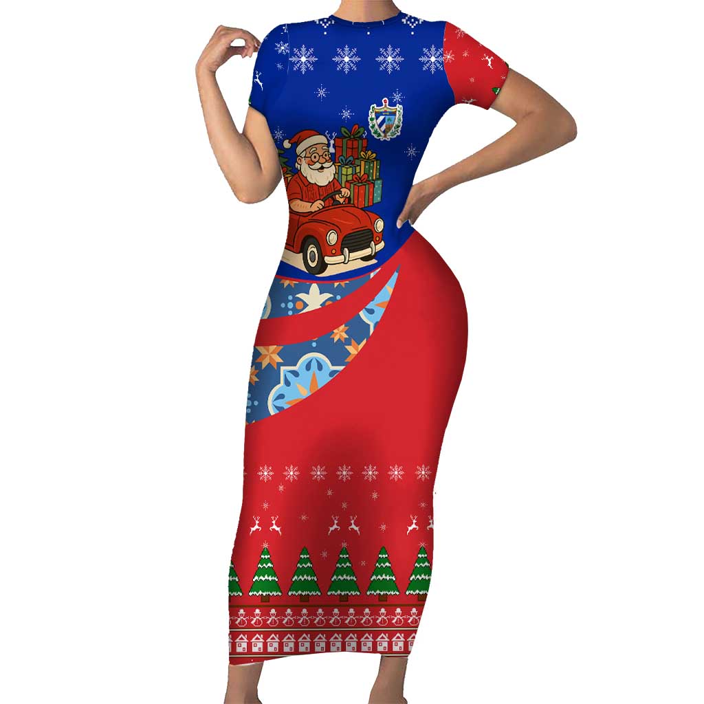 Cuba Christmas Short Sleeve Bodycon Dress with Santa Driving Classic Car Cuban Seal Feliz Navidad and Holiday Gift - Wonder Print Shop