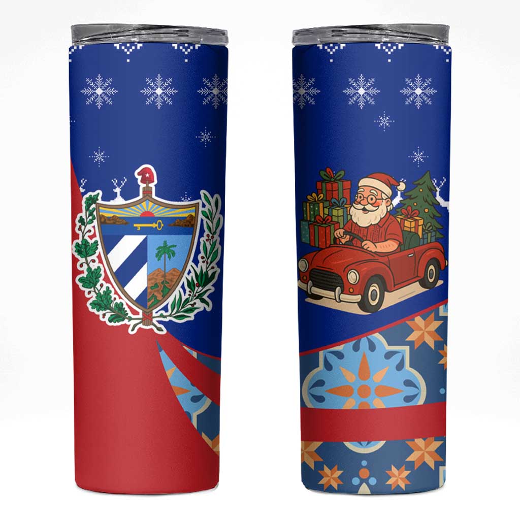 Cuba Christmas Skinny Tumbler with Santa Driving Classic Car Cuban Seal Feliz Navidad and Holiday Gift - Wonder Print Shop
