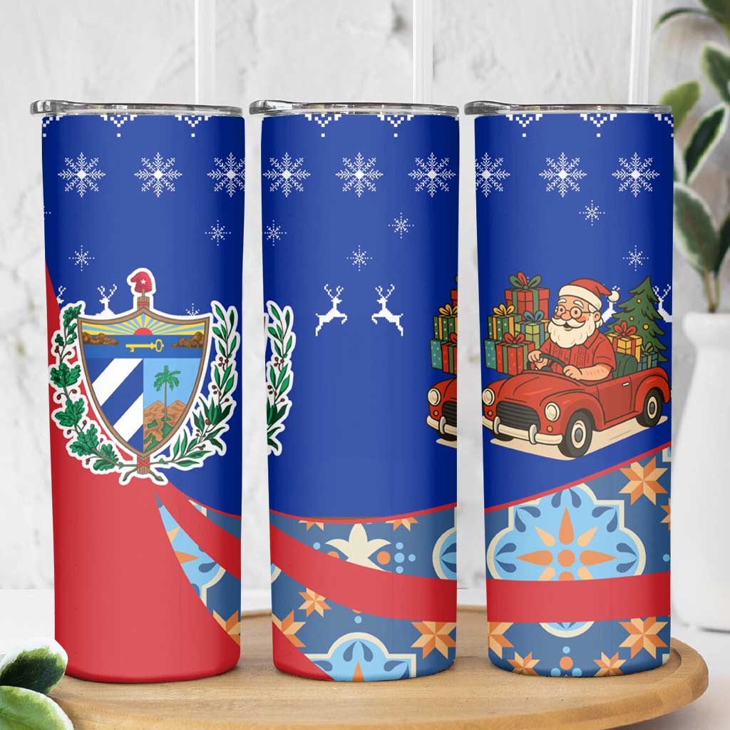 Cuba Christmas Skinny Tumbler with Santa Driving Classic Car Cuban Seal Feliz Navidad and Holiday Gift - Wonder Print Shop