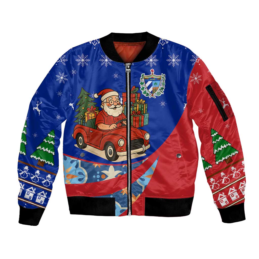 Cuba Christmas Sleeve Zip Bomber Jacket with Santa Driving Classic Car Cuban Seal Feliz Navidad and Holiday Gift - Wonder Print Shop