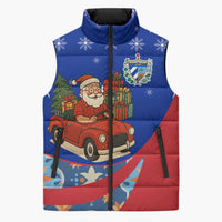 Cuba Christmas Sleeveless Puffer Jacket with Santa Driving Classic Car Cuban Seal Feliz Navidad and Holiday Gift - Wonder Print Shop