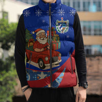 Cuba Christmas Sleeveless Puffer Jacket with Santa Driving Classic Car Cuban Seal Feliz Navidad and Holiday Gift - Wonder Print Shop