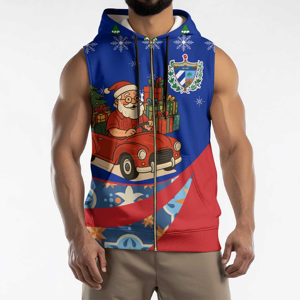 Cuba Christmas Sleeveless Zip Hoodie with Santa Driving Classic Car Cuban Seal Feliz Navidad and Holiday Gift - Wonder Print Shop