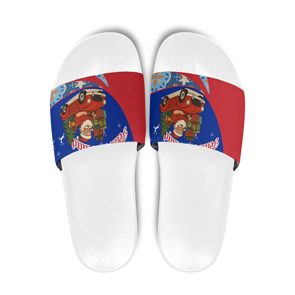 Cuba Christmas Slide Sandals with Santa Driving Classic Car Cuban Seal Feliz Navidad and Holiday Gift - Wonder Print Shop