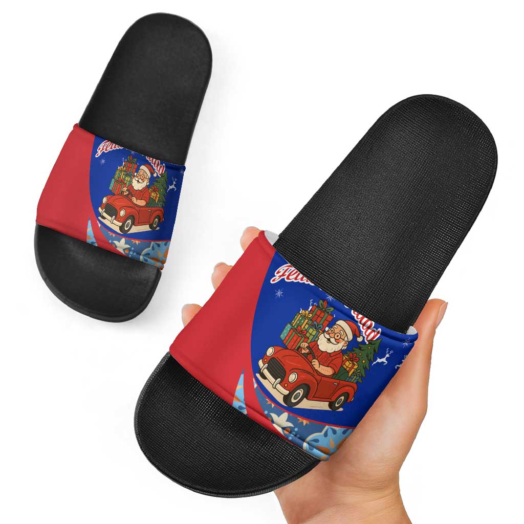 Cuba Christmas Slide Sandals with Santa Driving Classic Car Cuban Seal Feliz Navidad and Holiday Gift - Wonder Print Shop