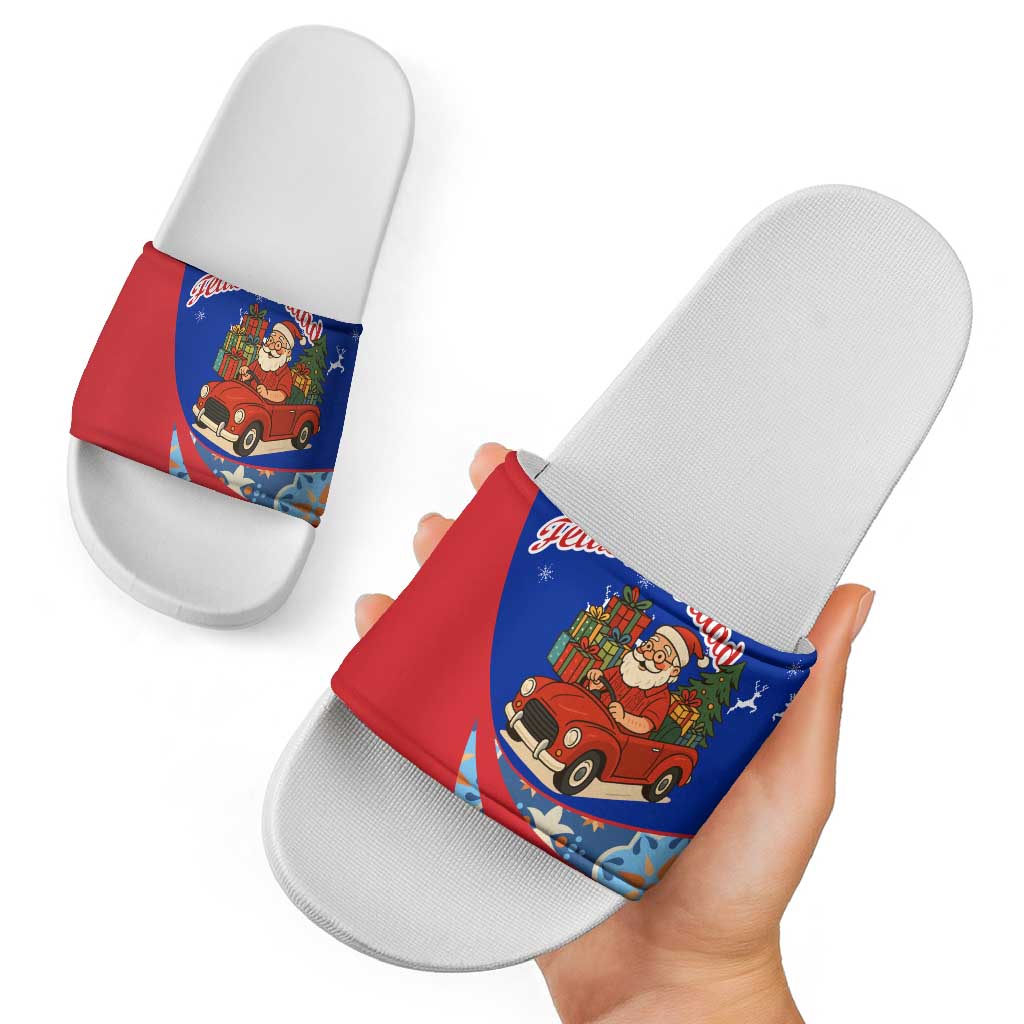 Cuba Christmas Slide Sandals with Santa Driving Classic Car Cuban Seal Feliz Navidad and Holiday Gift - Wonder Print Shop