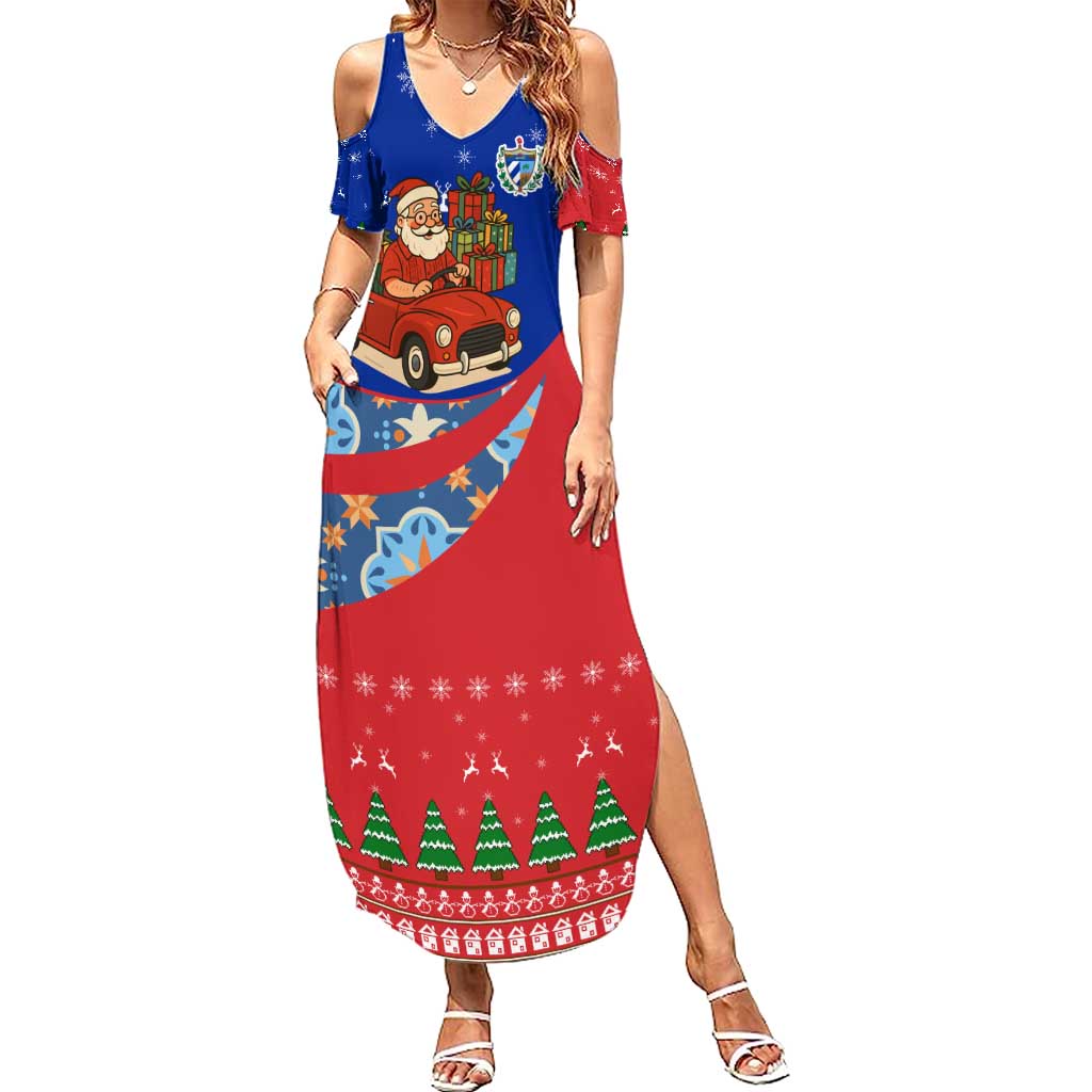 Cuba Christmas Summer Maxi Dress with Santa Driving Classic Car Cuban Seal Feliz Navidad and Holiday Gift - Wonder Print Shop