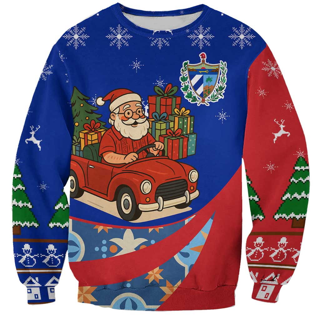 Cuba Christmas Sweatshirt with Santa Driving Classic Car Cuban Seal Feliz Navidad and Holiday Gift - Wonder Print Shop