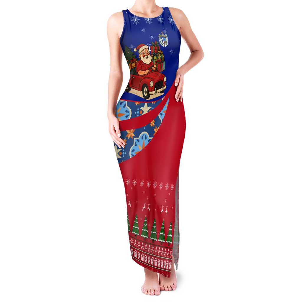 Cuba Christmas Tank Maxi Dress with Santa Driving Classic Car Cuban Seal Feliz Navidad and Holiday Gift - Wonder Print Shop