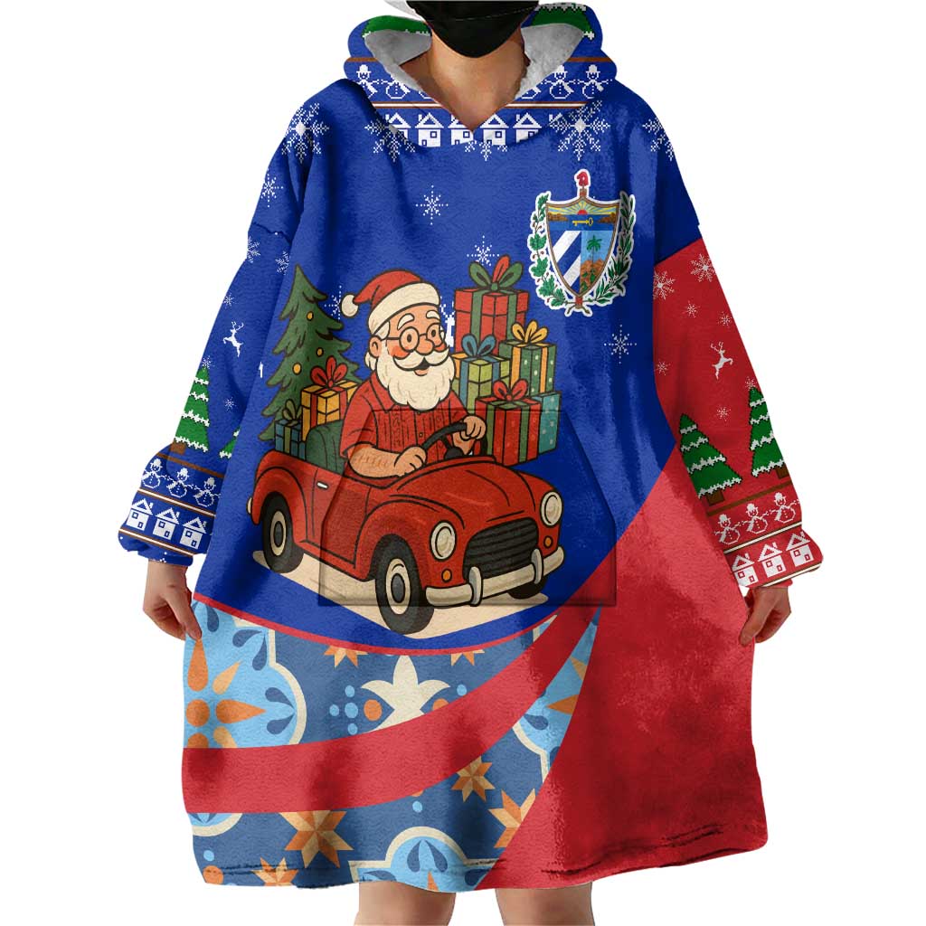 Cuba Christmas Wearable Blanket Hoodie with Santa Driving Classic Car Cuban Seal Feliz Navidad and Holiday Gift - Wonder Print Shop