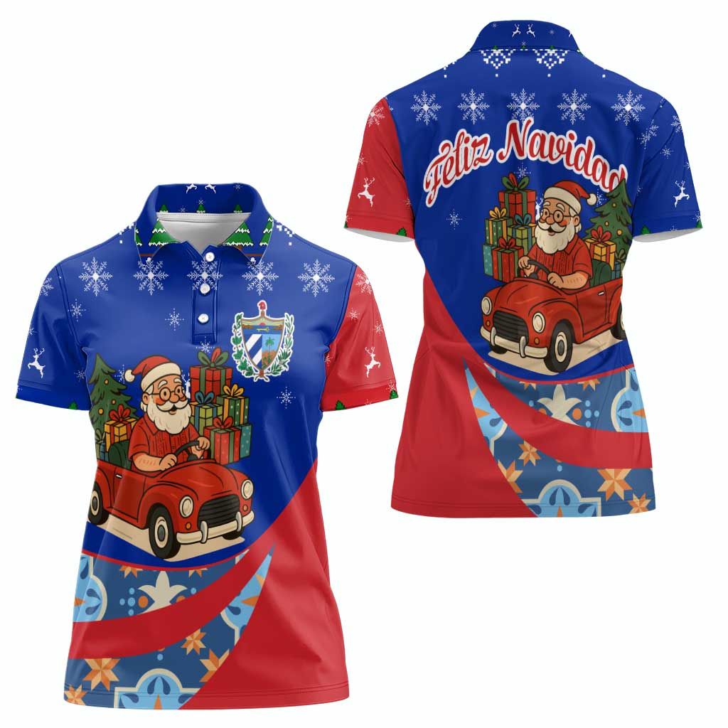 Cuba Christmas Women Polo Shirt with Santa Driving Classic Car Cuban Seal Feliz Navidad and Holiday Gift - Wonder Print Shop