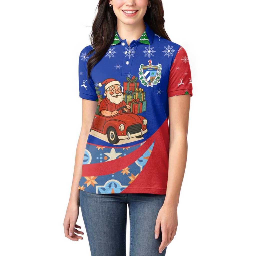 Cuba Christmas Women Polo Shirt with Santa Driving Classic Car Cuban Seal Feliz Navidad and Holiday Gift - Wonder Print Shop