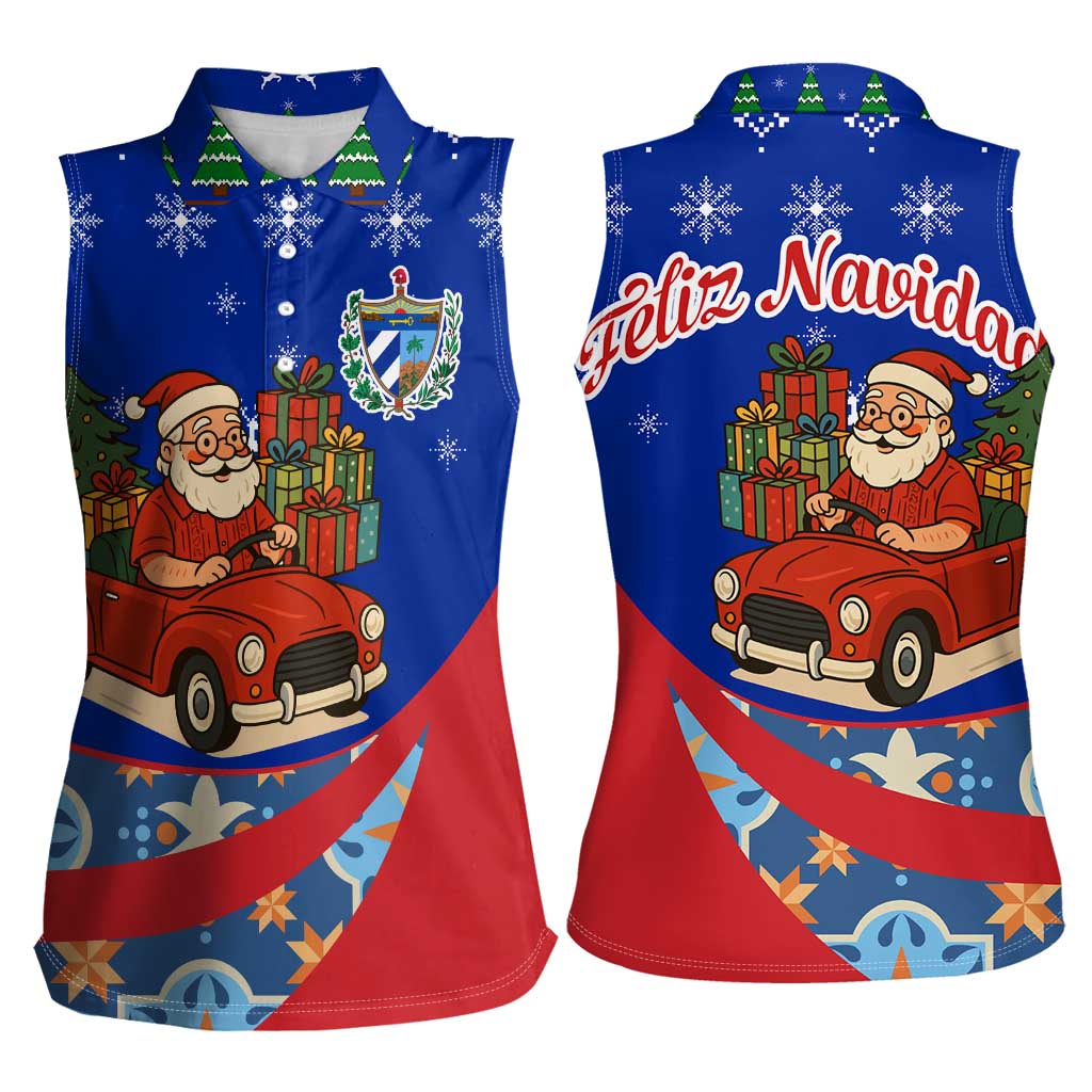 Cuba Christmas Women Sleeveless Polo Shirt with Santa Driving Classic Car Cuban Seal Feliz Navidad and Holiday Gift - Wonder Print Shop