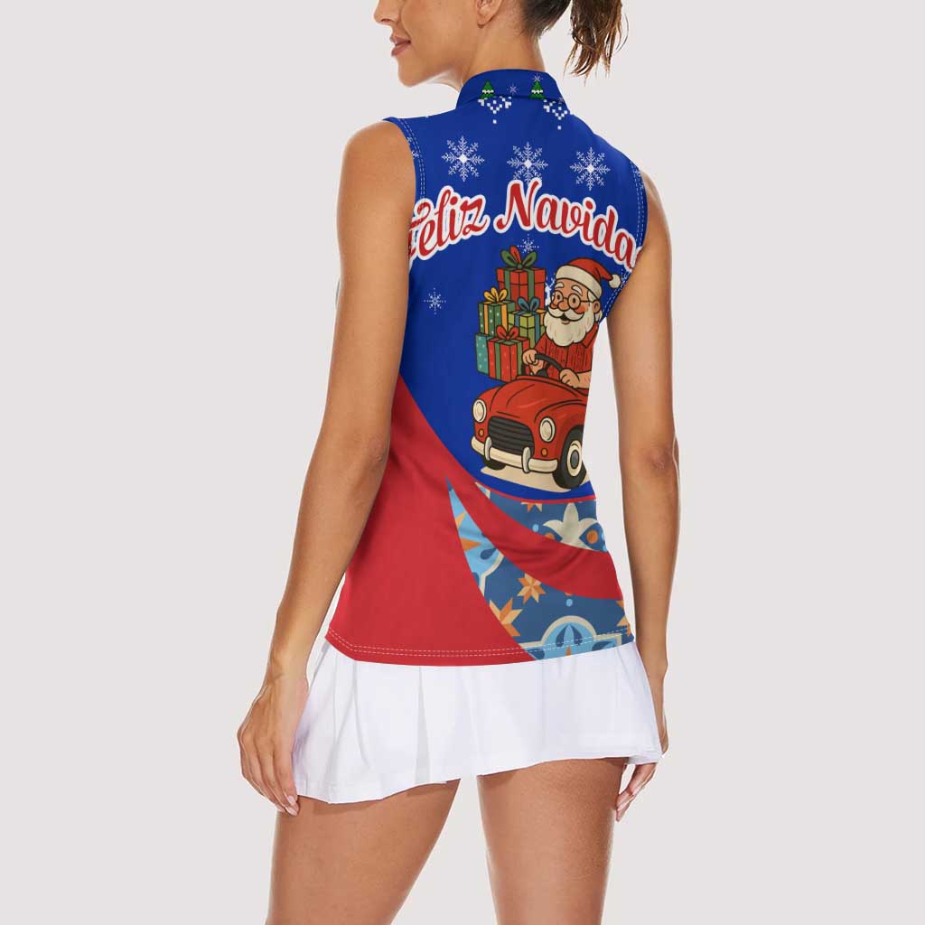 Cuba Christmas Women Sleeveless Polo Shirt with Santa Driving Classic Car Cuban Seal Feliz Navidad and Holiday Gift - Wonder Print Shop