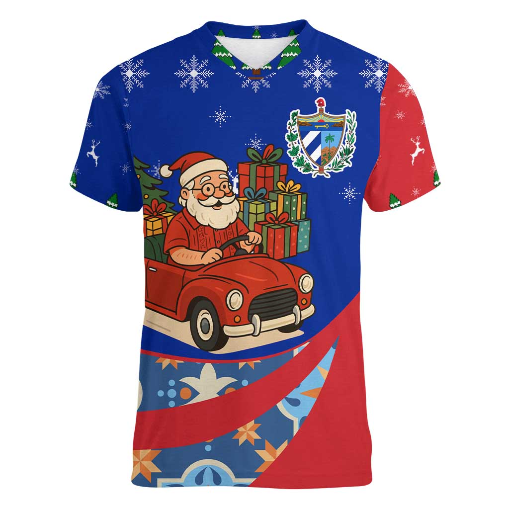 Cuba Christmas Women V-Neck T-Shirt with Santa Driving Classic Car Cuban Seal Feliz Navidad and Holiday Gift - Wonder Print Shop