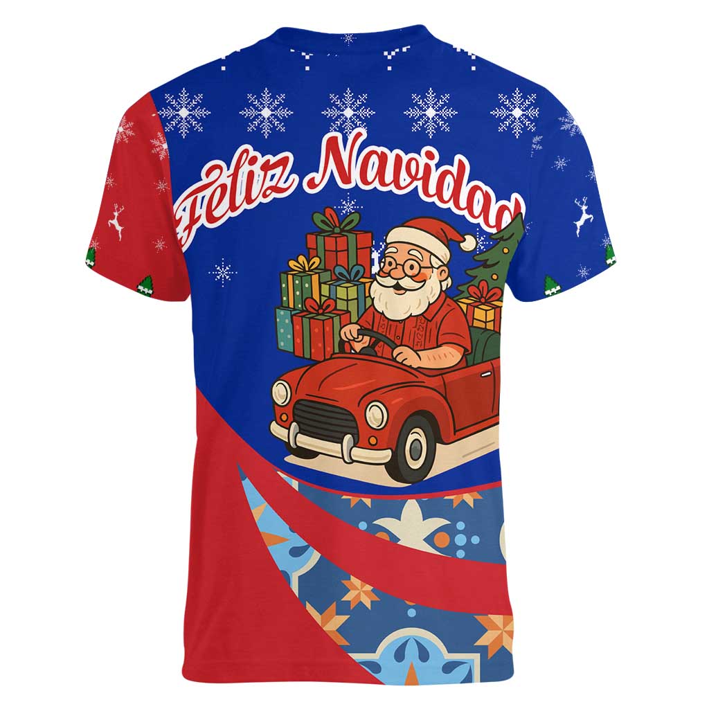 Cuba Christmas Women V-Neck T-Shirt with Santa Driving Classic Car Cuban Seal Feliz Navidad and Holiday Gift - Wonder Print Shop
