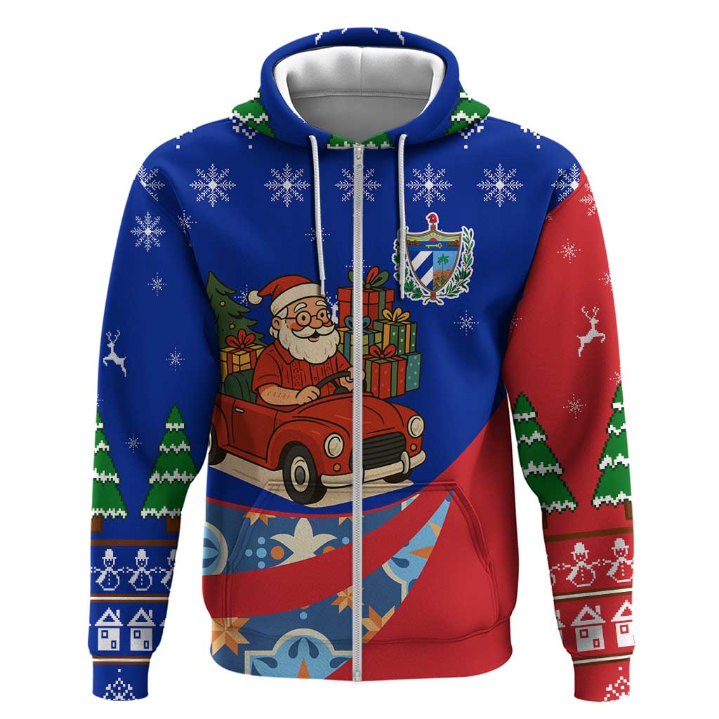 Cuba Christmas Zip Hoodie with Santa Driving Classic Car Cuban Seal Feliz Navidad and Holiday Gift - Wonder Print Shop