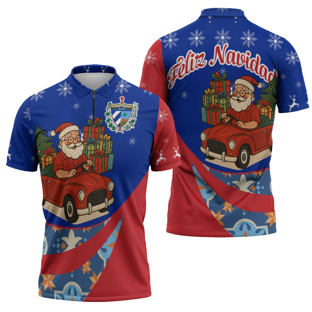 Cuba Christmas Zipper Polo Shirt with Santa Driving Classic Car Cuban Seal Feliz Navidad and Holiday Gift - Wonder Print Shop